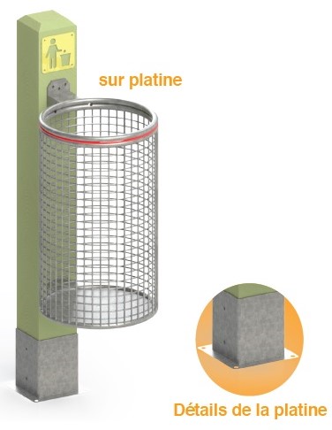 Corbeille grillagée 60L sur poteau bois Medellin sur platine